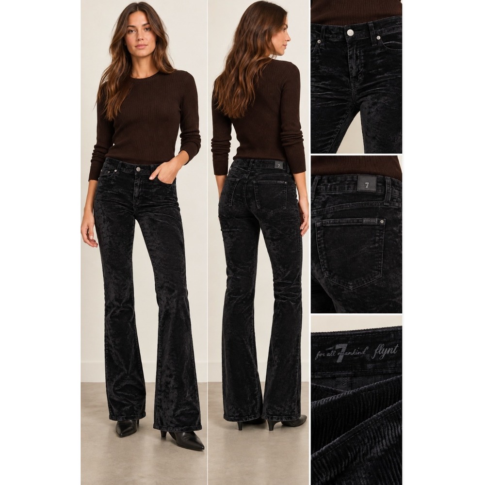 7 For All Mankind Flynt Black Crushed Velvet Bootcut Jeans Y2K Luxe Size 29